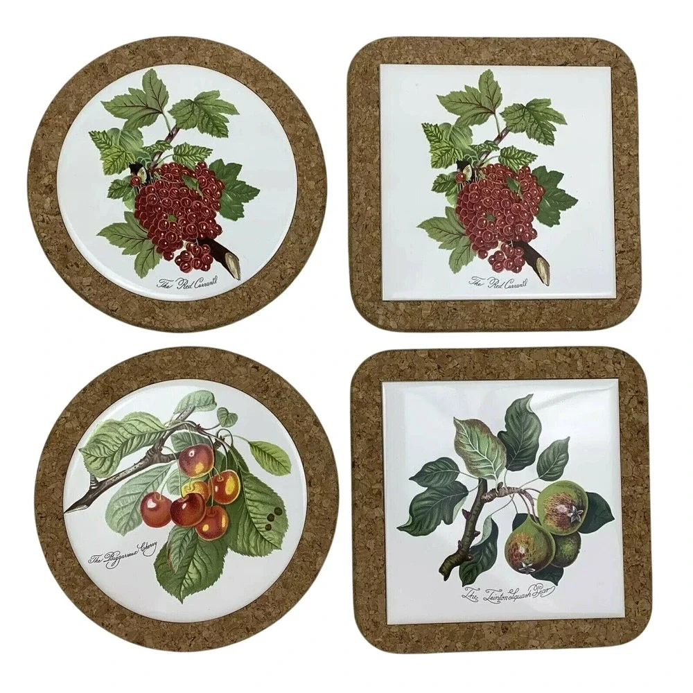 Vintage Botanical Ceramic Tile and Cork Coaster Set Fruit Illustrations 4pc